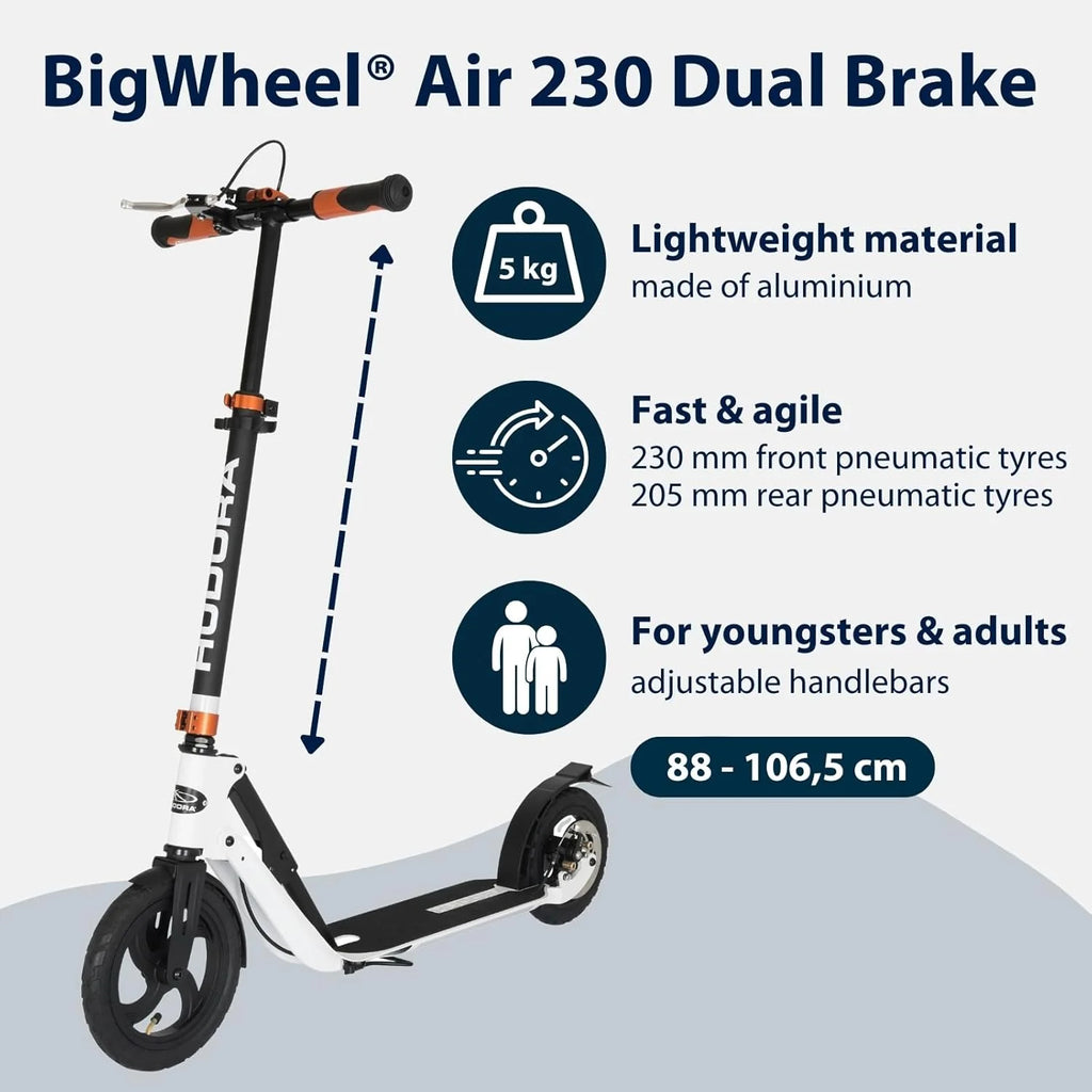 Hudora BigWheel Air Dual Brake hulajnoga pneumatyczna z hamulcem ręcznym, z oponami pneumatycznymi, hulajnoga miejska