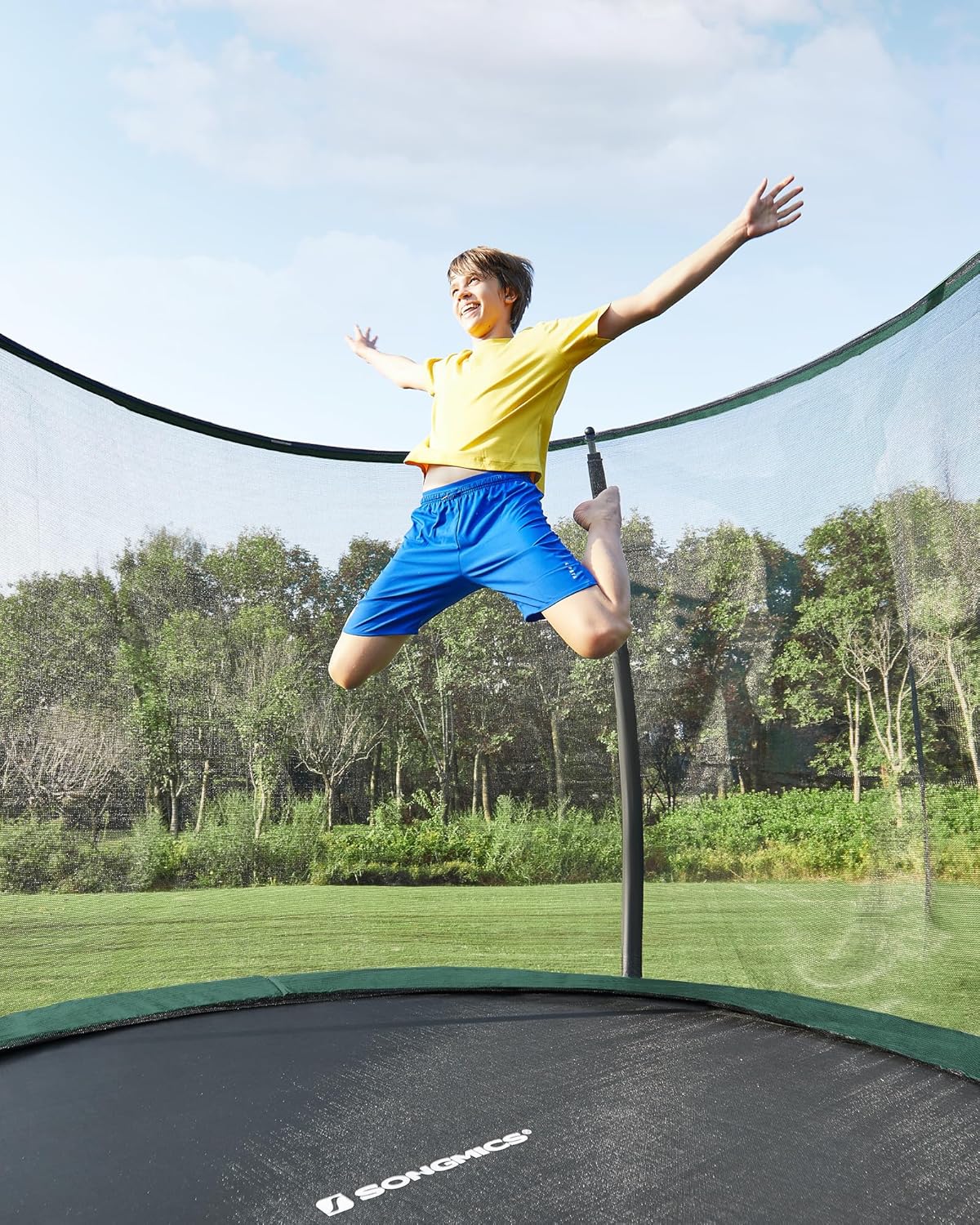 SONGMICS Okrągła trampolina ogrodowa z siatką bezpieczeństwa, drabiną i wyściełanymi drążkami, osłona bezpieczeństwa, czarna, ciemnozielona STR122C01 Ø 366 cm