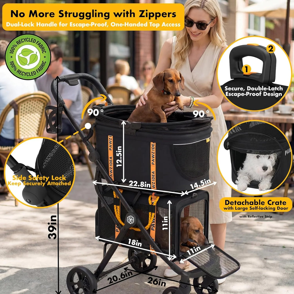 PAWZIDEA Podwójny wózek dla zwierząt domowych, dla 2 kotów, psów, małych i średnich, zatwierdzony przez TSA, transporter dla kota, rozszerzalny, ze zdejmowaną torbą do przenoszenia, 2 x zdejmowany