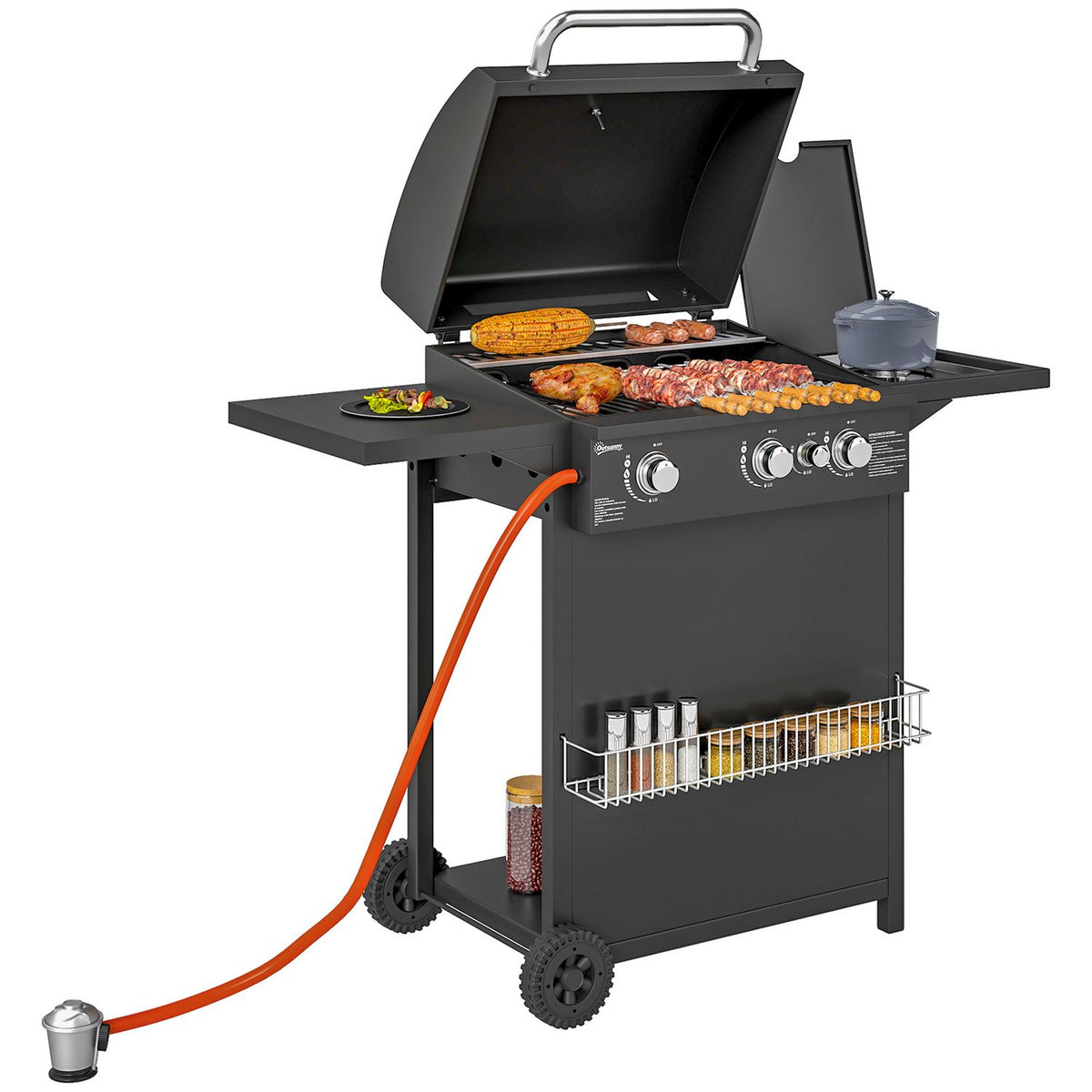 Grill gazowy ABS Steel 123x57x98 cm-outsunny. Czarny