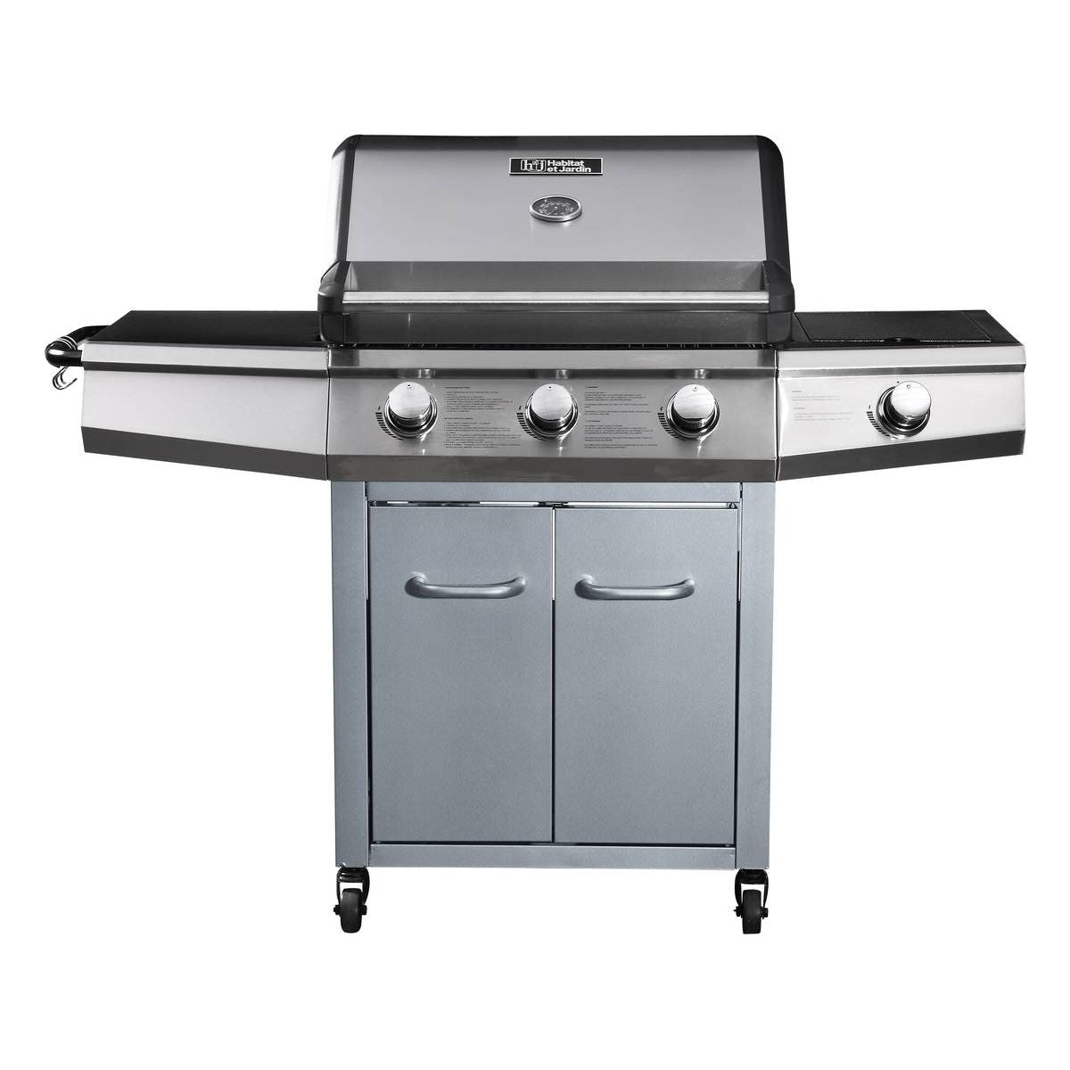 Grill gazowy z diodami LED „Bingo 4” – 4 palniki (1 strona) – 14 kW + osłona ochronna – srebrny
