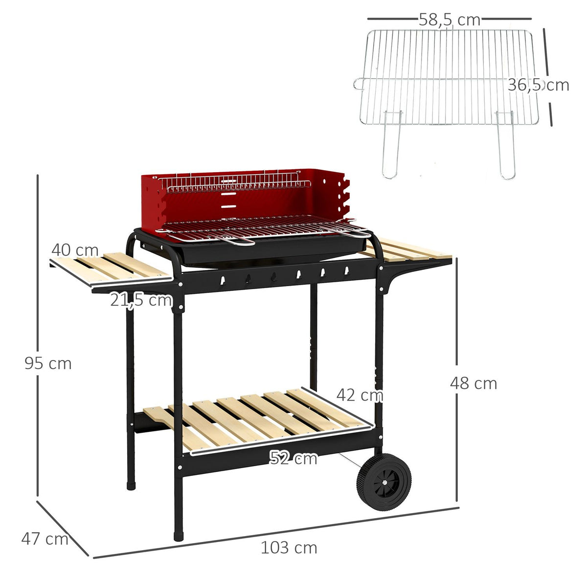 Grill węglowy Outsunny, metalowy, sosnowy, 103x47x95 cm, czerwony i czarny
