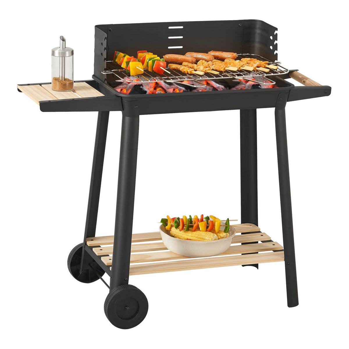 Grill węglowy Ari z 2 kółkami 78x86x30cm - czarny/drewno [casa.pro]