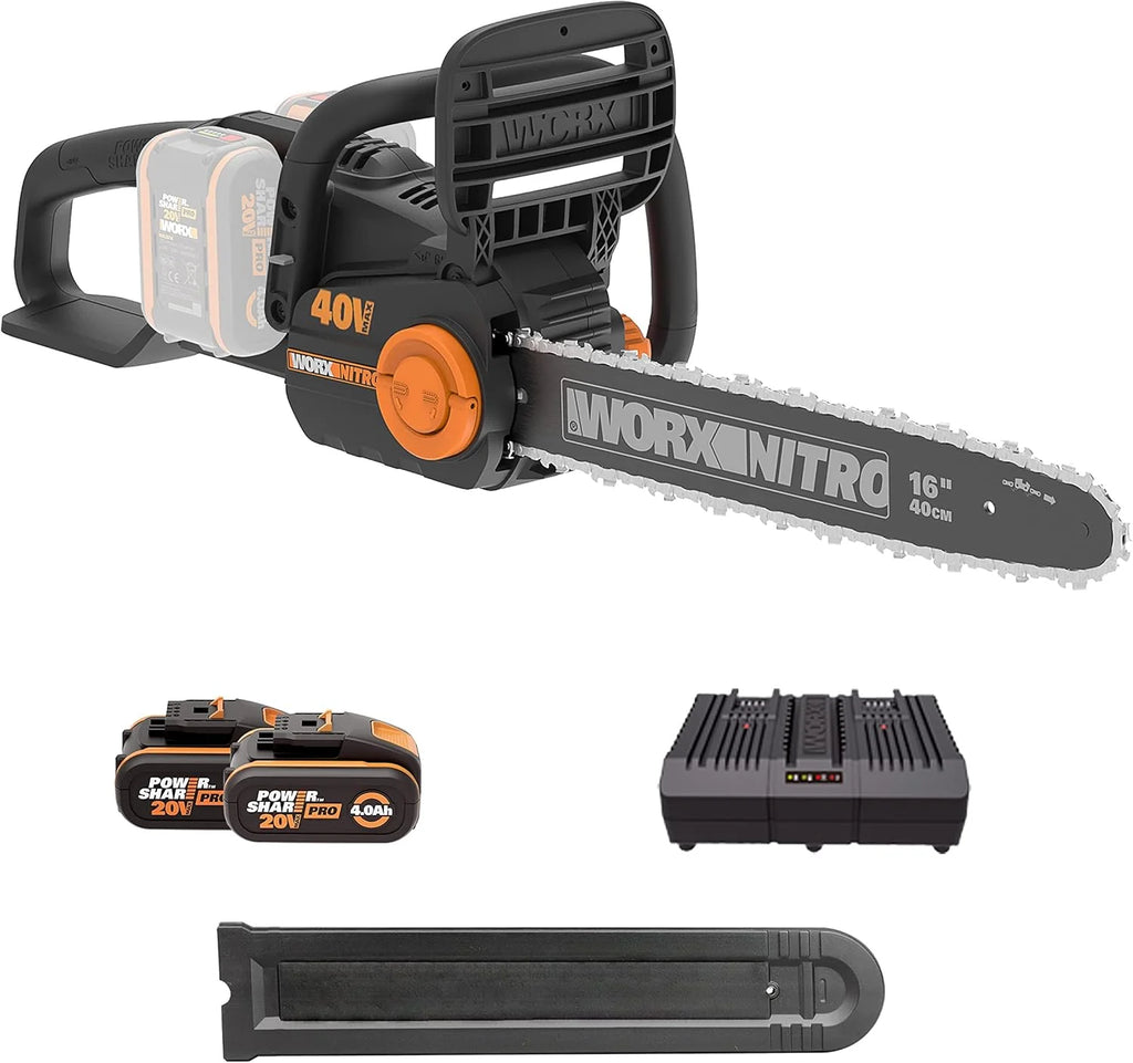 WORX WG385E Nitro Akumulatorowa Pilarka Łańcuchowa 40V(2 x 20V), Silnik Bezszczotkowy, Automatyczne Napinanie i Smarowanie Łańcucha, Długość Cięcia 40 cm, Prędkość Cięcia 18m/s