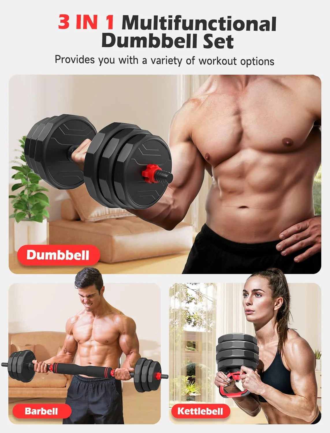 UKEEP Regulowany zestaw hantli, zestaw hantli 55/70/40.8 kg ze złączem, zestaw hantli 3 w 1 używany jako sztanga, kettlebell, ćwiczenia fitness do domowej siłowni odpowiednie dla mężczyzn/kobiet