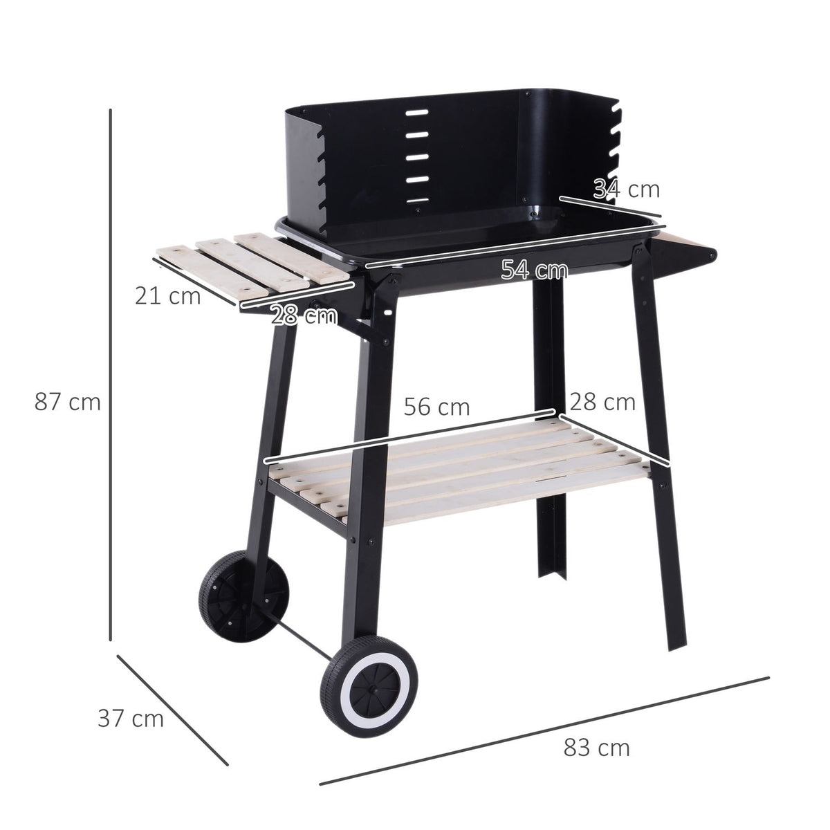 Grill węglowy Outsunny z kółkami i półką 83x37x87 cm, czarny