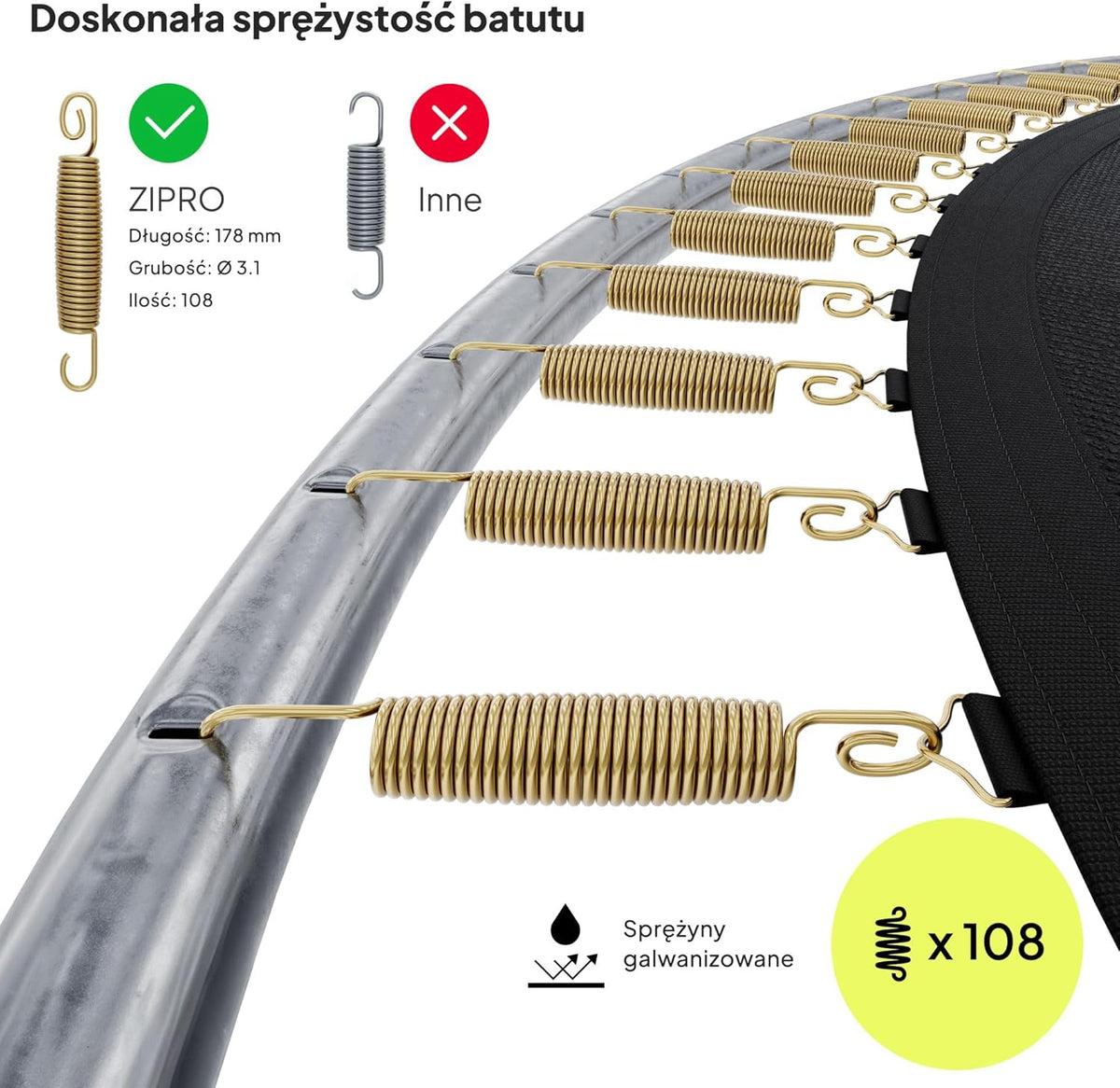 ZIPRO JumpPro IN Trampolina Ogrodowa, Trampolina dla Dzieci, z Siatką Wewnętrzną, Odporna na Warunki, Ochrona UV, Udźwig 100-150 kg, Ø 183/252/312/374/435/496 cm