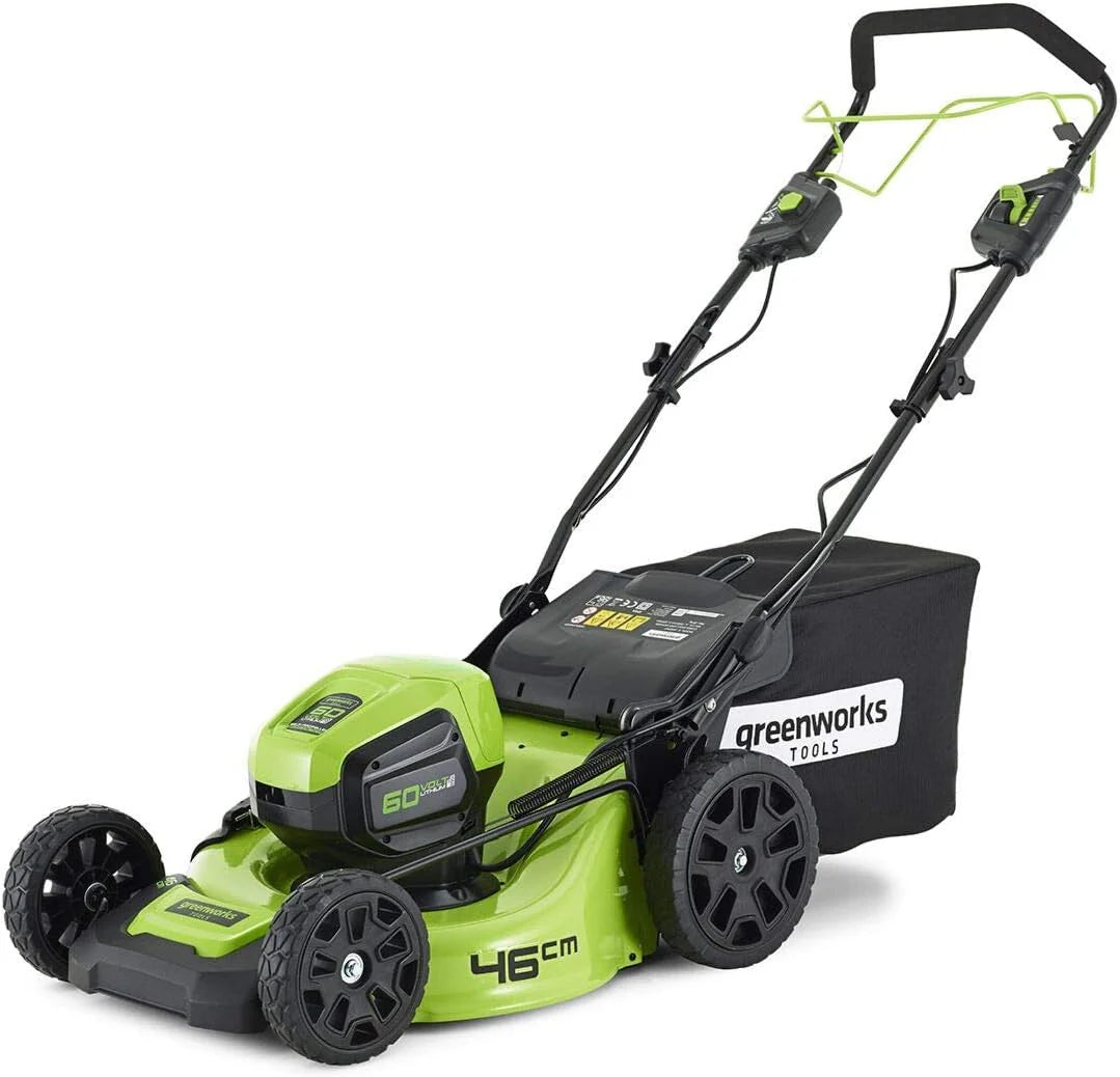 Kosiarka akumulatorowa Greenworks GD60LM46SP (Li-Ion 60V 46cm szerokość cięcia 3w1 Kosiarka Mulching Boczny wyrzut 55L taca na pickup wysokość cięcia 25 do 80 mm bez baterii i ładowarki)