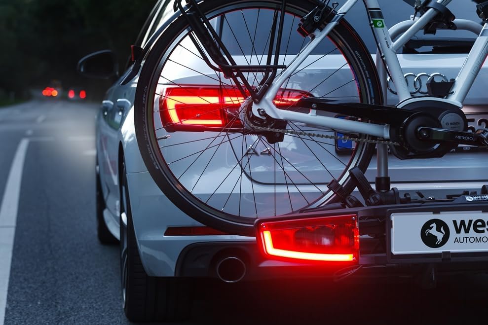 Westfalia-Automotive Bikelander Bagażnik Rowerowy Na Hak | W zestawie torba | 3 Rowery | Kompatybilny z rowerami elektrycznymi | Składany | Hybrydowe światła LED