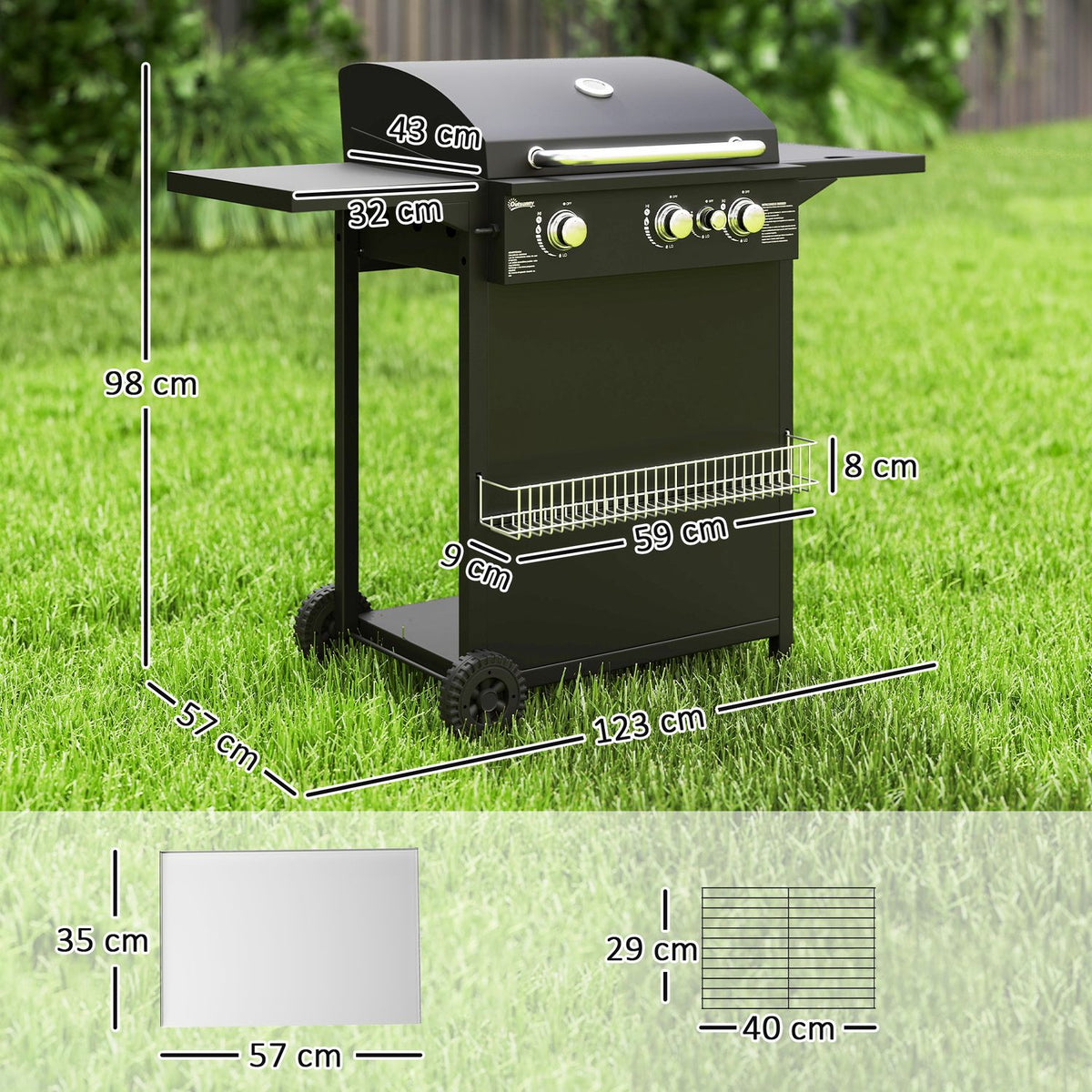 Grill gazowy ABS Steel 123x57x98 cm-outsunny. Czarny