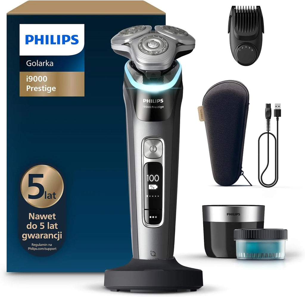 Philips Shaver i9000 Prestige, golarka elektryczna do golenia na sucho i mokro z technologią Skin IQ, System Triple Lift & Cut, podwójne ostrza SteelPrecision 360º, stylizator brody, Model XP9202/33
