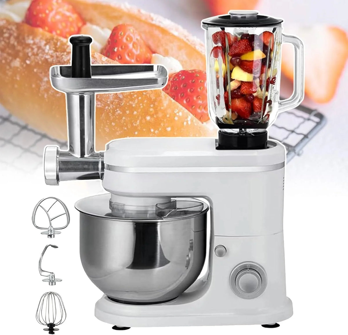Kuchenny Mikser Stojący, 6-Litrowy Przenośny Mikser Do Ciasta Z Osłoną Przeciwbryzgową, Blender Do Ciasta 3 W 1, 1,5-Litrowa Sokowirówka, Z 3 Akcesoriami, Do Cukierni, Piekarni