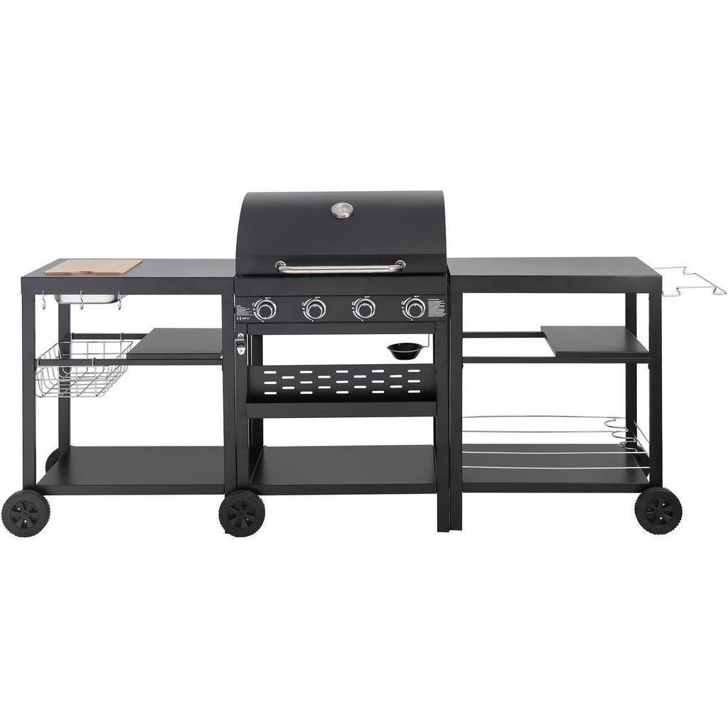 Grill gazowy do gotowania na świeżym powietrzu – 12 kW – 4 palniki – czarny