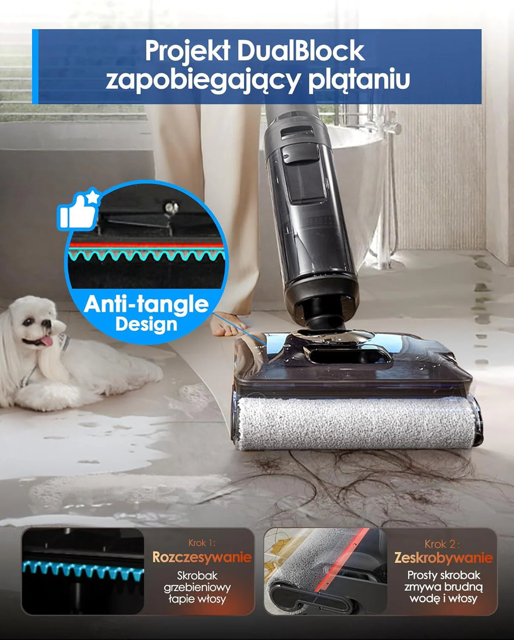 Tineco Floor ONE S7 Stretch Ultra Bezprzewodowy Odkurzacze na sucho i mokro, zapobiegająca splątaniu 180°, czas pracy 50 minut, samooczyszczanie Flashdry 85℃, dwustronne czyszczenie krawędzi