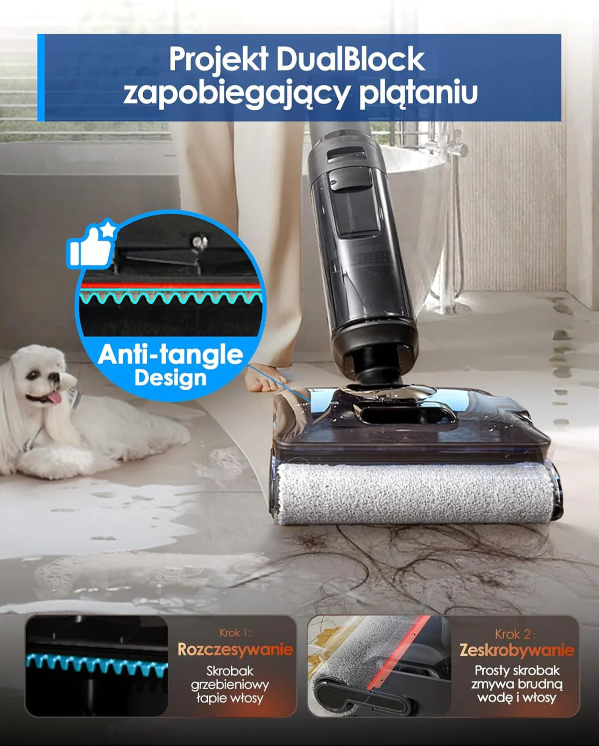 Tineco Floor ONE S7 Stretch Ultra Bezprzewodowy Odkurzacze na sucho i mokro, zapobiegająca splątaniu 180°, czas pracy 50 minut, samooczyszczanie Flashdry 85℃, dwustronne czyszczenie krawędzi