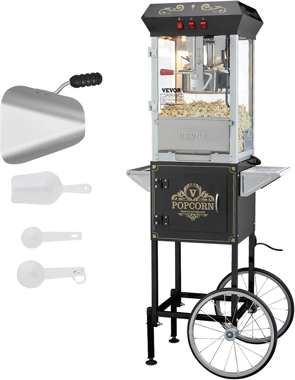 VEVOR Maszyna do popcornu z wózkiem, 850 W, czajnik na 48 filiżanek na jedno ładowanie, maszyna do popcornu z hartowanego szkła, w zestawie 4 łopatki, styl kinowy, restauracja, kolor czarny