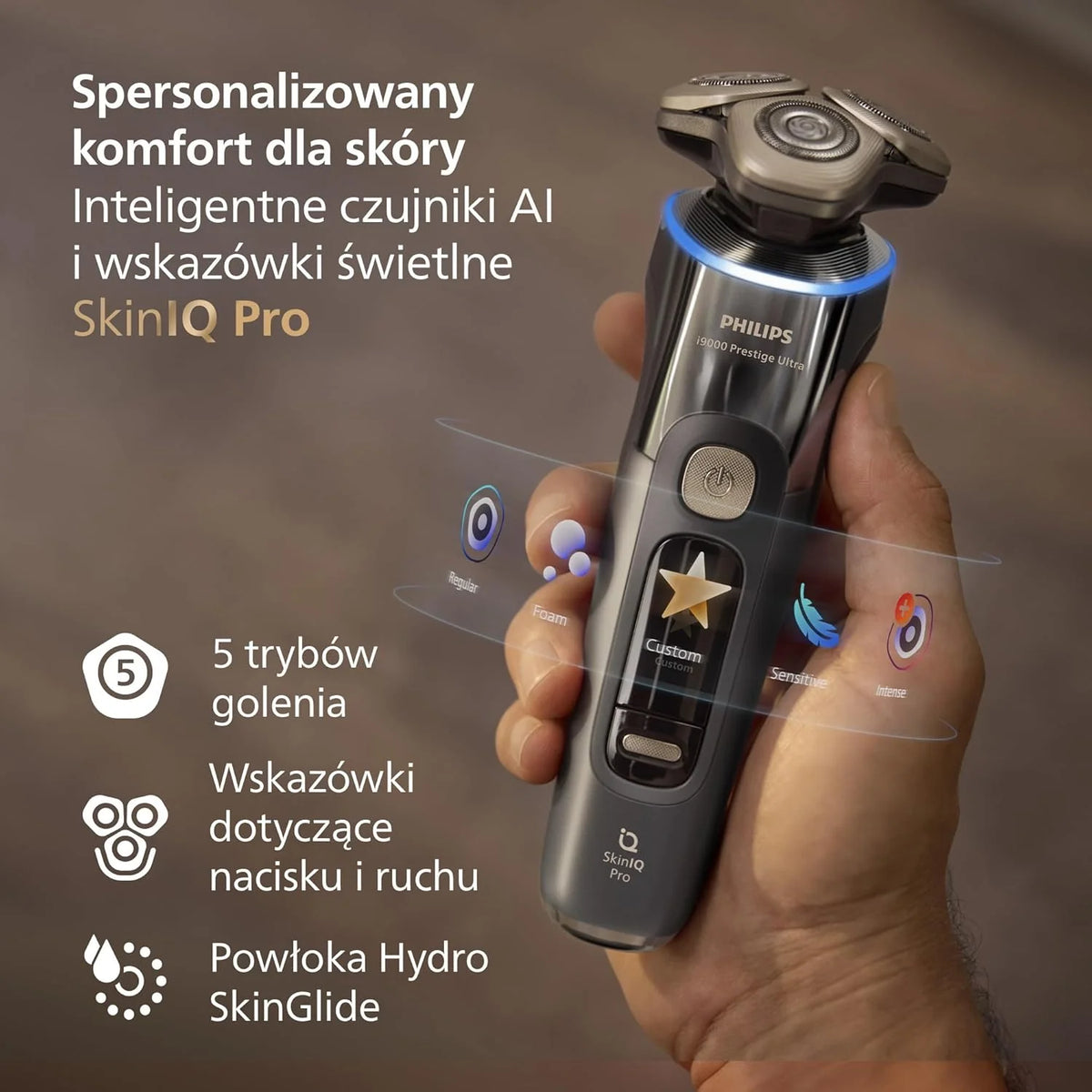 Philips Shaver i9000 Prestige Ultra, golarka elektryczna do golenia na sucho i mokro z technologią Skin IQ Pro, System Triple Lift & Cut, obrotowe 360º ostrza, 5 trybów golenia, Model XP9402/46