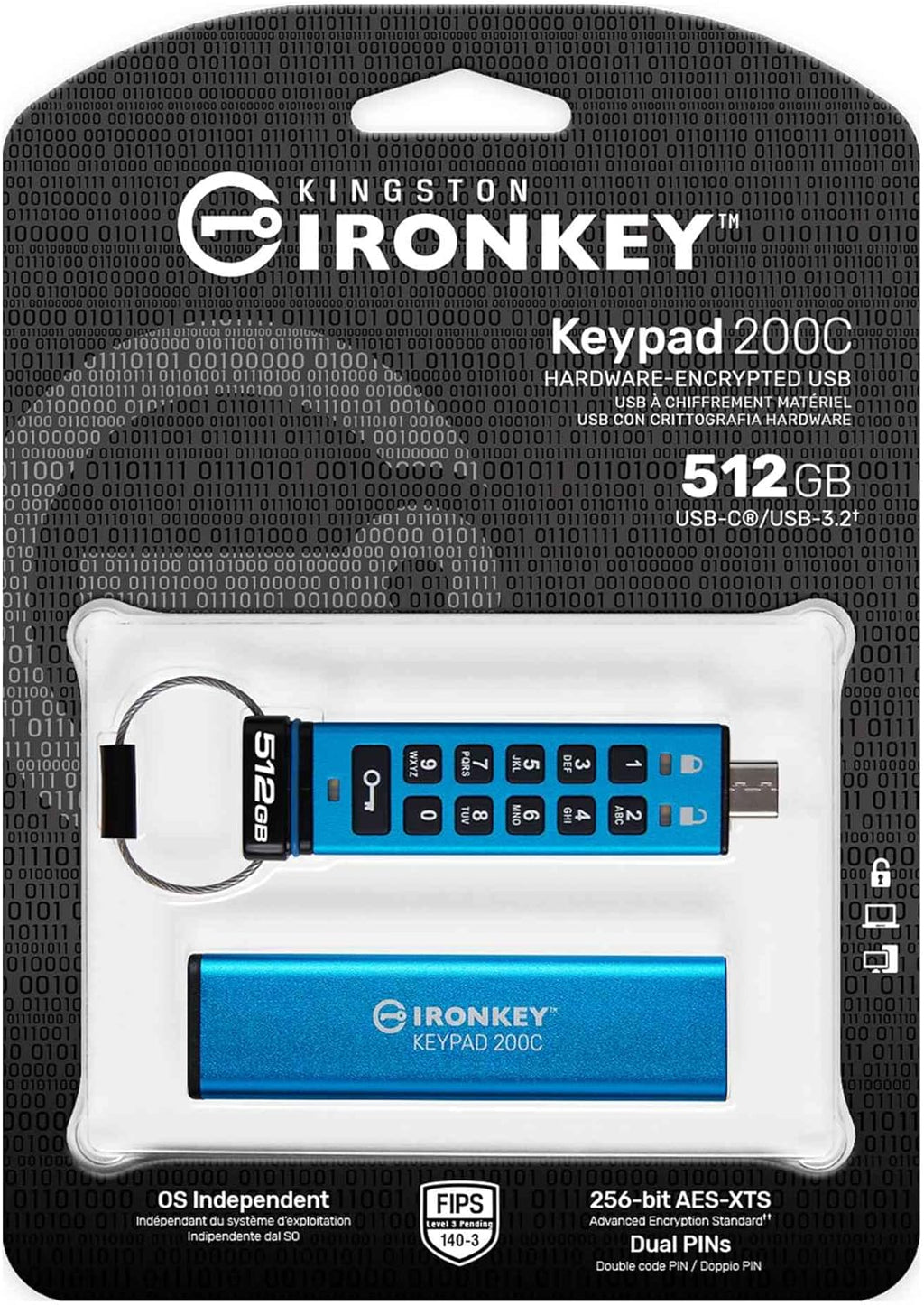 Kingston IronKey klawiatura 200C typu C szyfrowana sprzętowo pamięć flash USB FIPS 140-3 poziom 3 (w toku) z 256-bitowym szyfrowaniem sprzętowym XTS-AES - IKKP200C/512GB