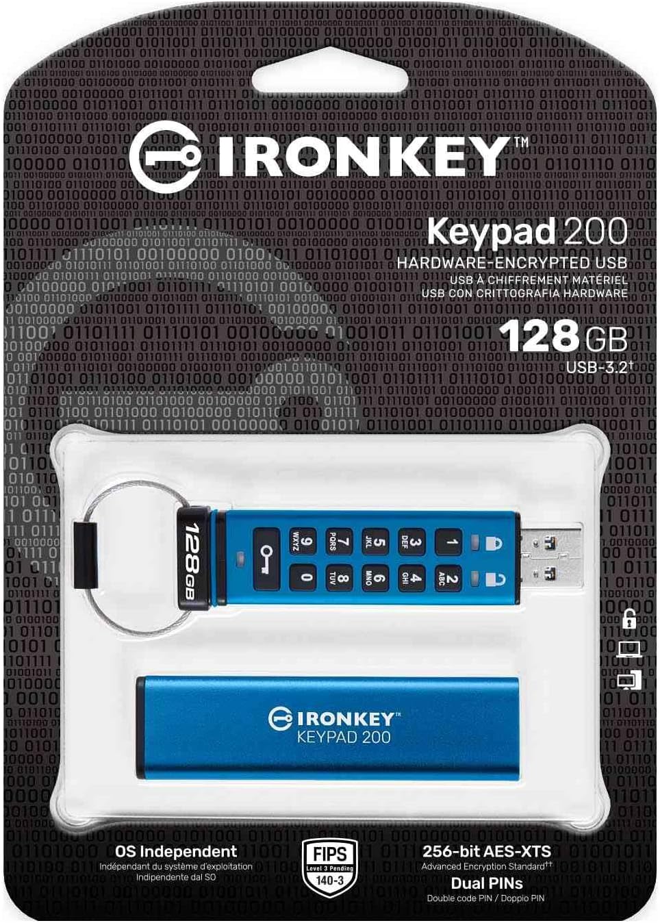 Kingston Klawiatura IronKey 200 typu A szyfrowana sprzętowo pamięć flash USB FIPS 140-3 poziom 3 (w toku) z 256-bitowym szyfrowaniem sprzętowym XTS-AES - IKKP200/512GB