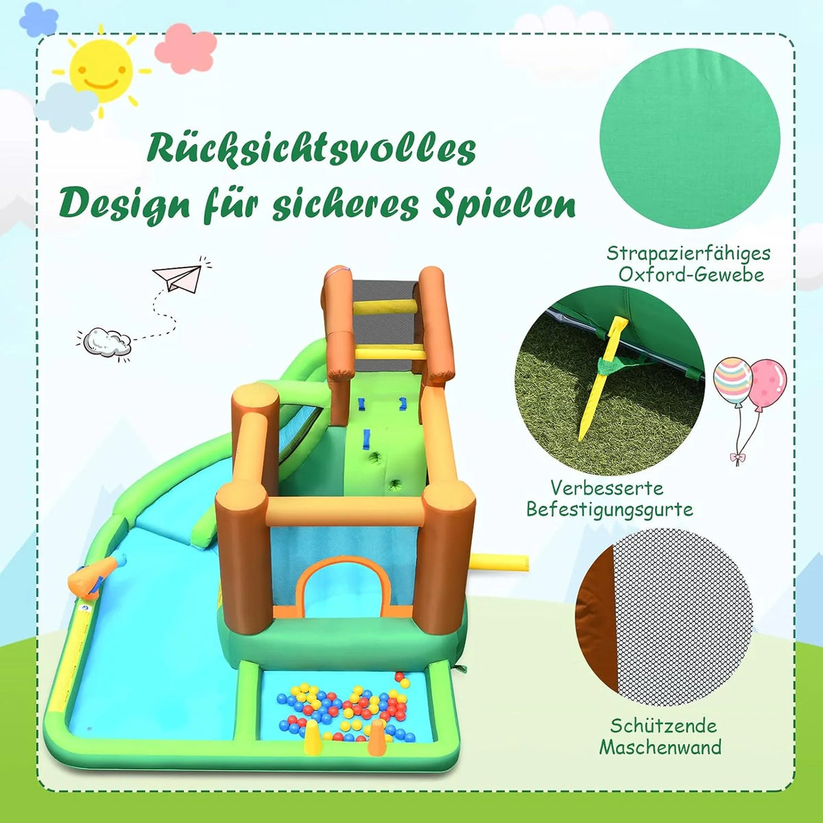 COSTWAY Dmuchany zamek z dmuchawą, zjeżdżalnia wodna, basen do zabawy, nadmuchiwany basen do zabawy ze zjeżdżalnią, nadmuchiwany park wodny, brodzik 368 x 303 x 230 cm