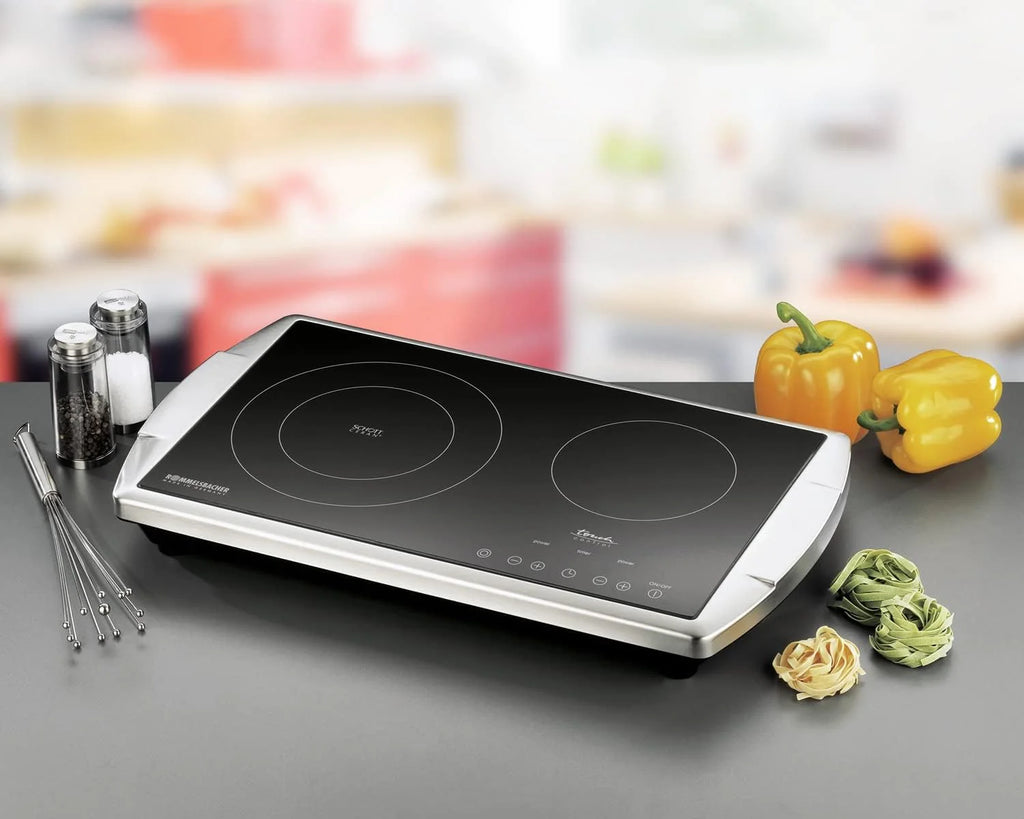 ROMMELSBACHER Podwójna płyta grzewcza CT 3403/TC-TM – Made in Germany, powierzchnia kuchenna Schott Ceran, 2 strefy gotowania, energooszczędna, krótki czas nagrzewania, 9 poziomów mocy, timer 99 min,