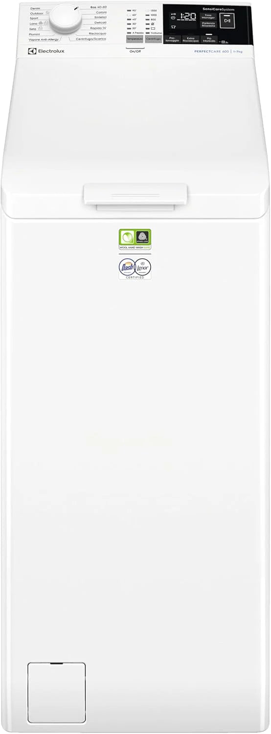 Electrolux 600 pralka ładowana od góry, 7 kg, EW6T437A, klasa A, technologia SensiCare, wyświetlacz LCD z kontrolą dotykową, Giri 1251, 600 x 400 x 890 mm, biały