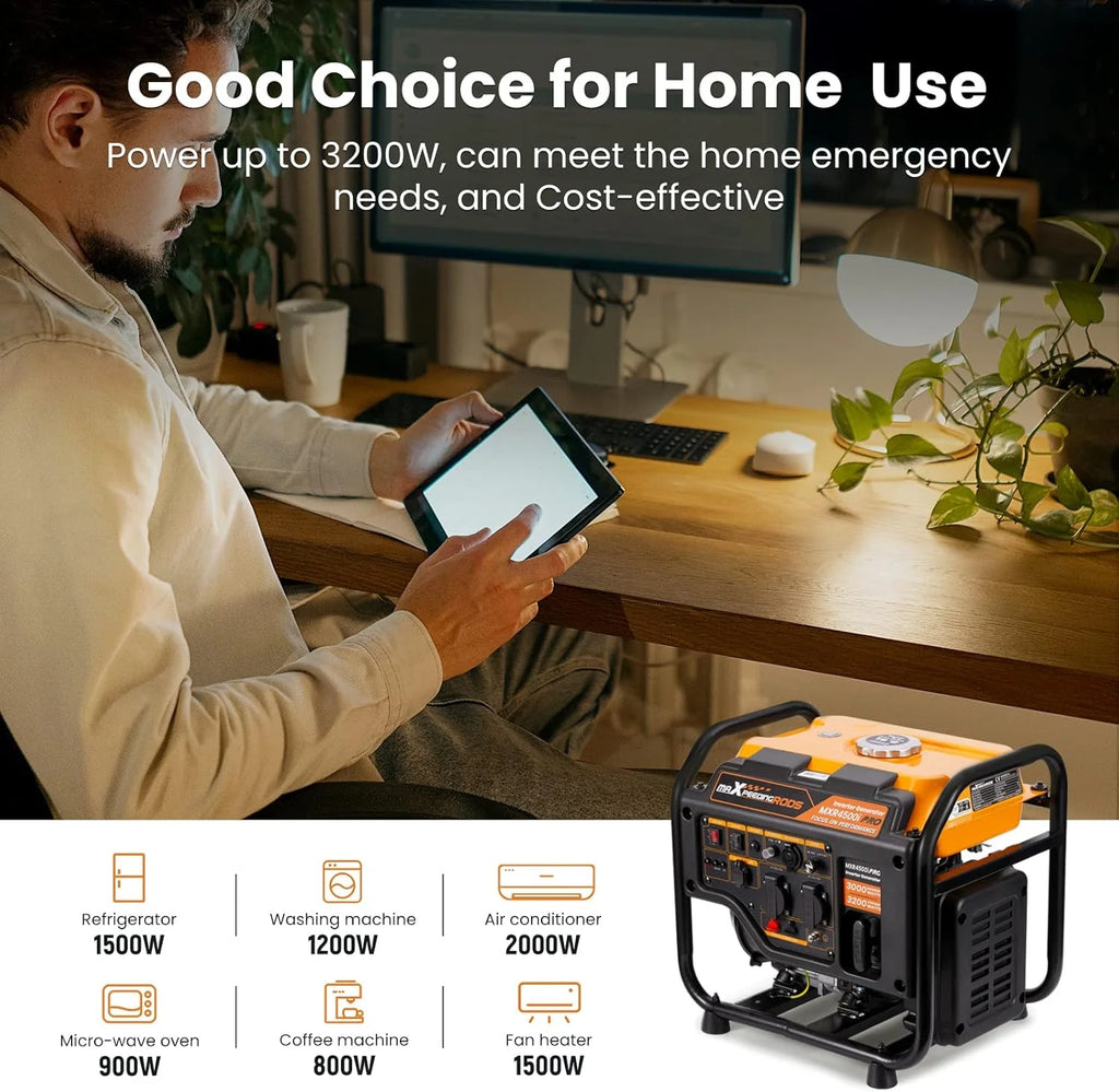 Generator inwerterowy 3200 W, benzynowy, 4-suwowy zasilacz awaryjny z funkcją równoległości, z wyjściami AC/DC/USB do ogrodu, miejsca pracy, domu, garażu i wielu innych
