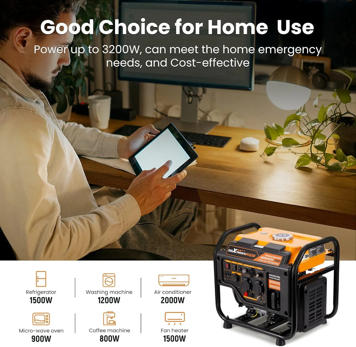Generator inwerterowy 3200 W, benzynowy, 4-suwowy zasilacz awaryjny z funkcją równoległości, z wyjściami AC/DC/USB do ogrodu, miejsca pracy, domu, garażu i wielu innych