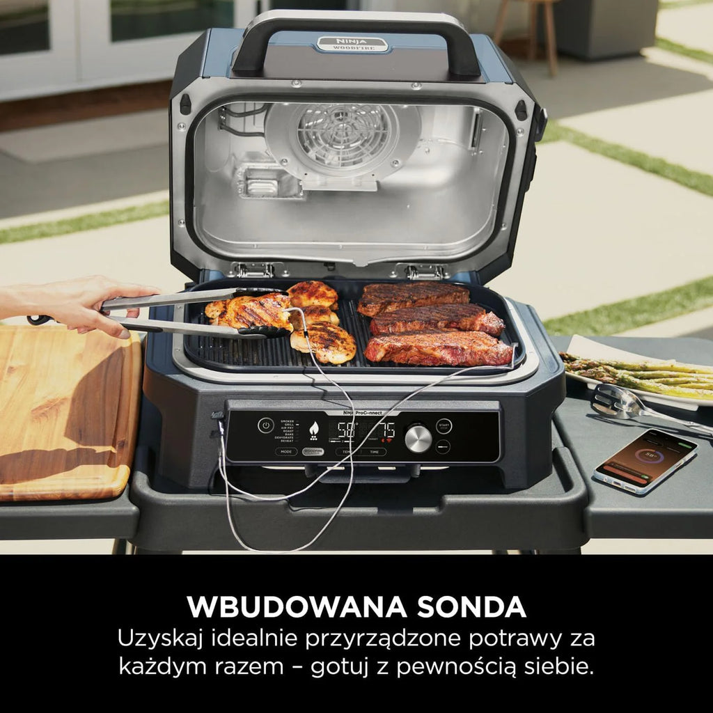 Ninja Woodfire Pro Connect XL Grill elektryczny, wędzarnia i frytkownica 7 w 1, sterowany za pomocą aplikacji, termometr cyfrowy z sondą, opalany pelletem drzewnym, wodoodporny, czarny, OG901EU