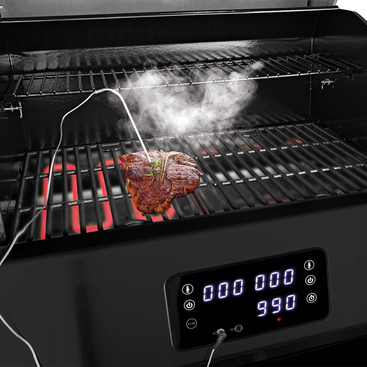 LANDMANN Elektryczny grill na kółkach EG-II-591, wydajny grill stojący z 2 termometrami do mięsa i termometrem w pokrywie, grillowanie bez gazu i węgla, powierzchnia grillowania ok. 59 x 40,5 cm, 3200