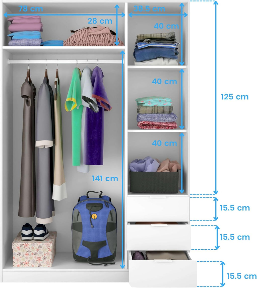 Szafa ubraniowa Habitdesign z trzema drzwiami i trzema szufladami, wykończenie w kolorze Artic White, wymiary: 121 cm (szer.) x 180 cm (wys.) x 52 cm (gł.)