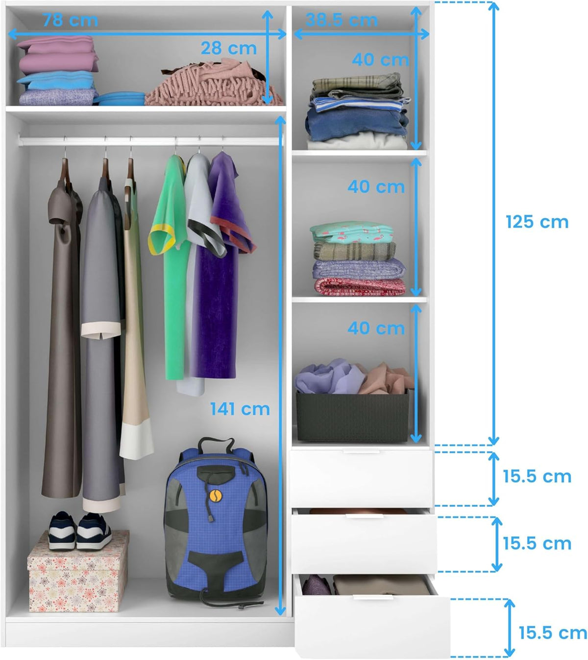 Szafa ubraniowa Habitdesign z trzema drzwiami i trzema szufladami, wykończenie w kolorze Artic White, wymiary: 121 cm (szer.) x 180 cm (wys.) x 52 cm (gł.)