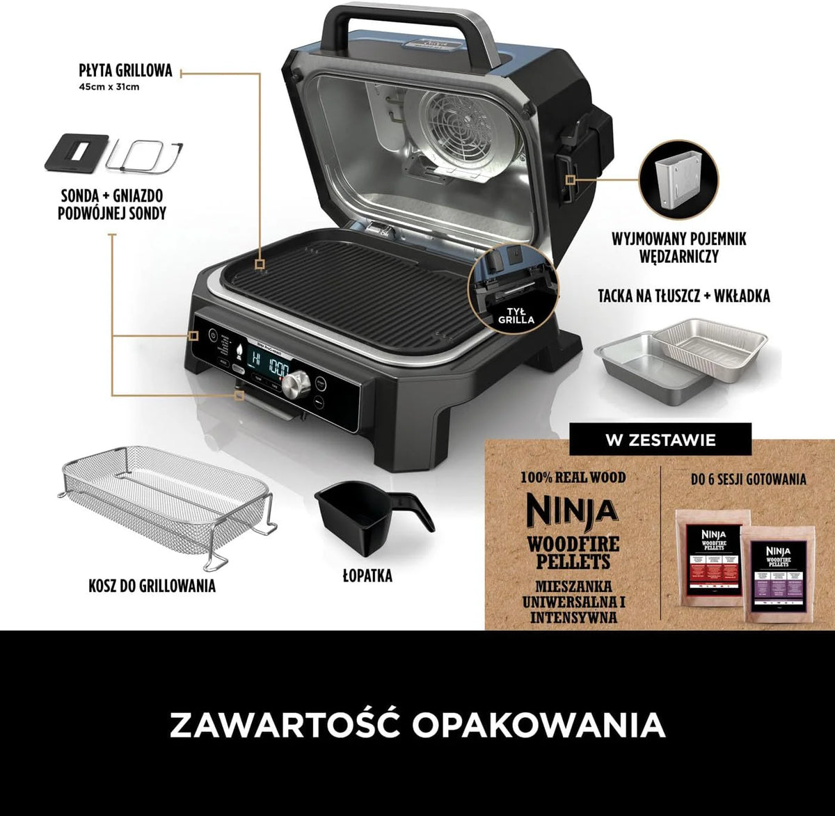 Ninja Woodfire Pro Connect XL Grill elektryczny, wędzarnia i frytkownica 7 w 1, sterowany za pomocą aplikacji, termometr cyfrowy z sondą, opalany pelletem drzewnym, wodoodporny, czarny, OG901EU