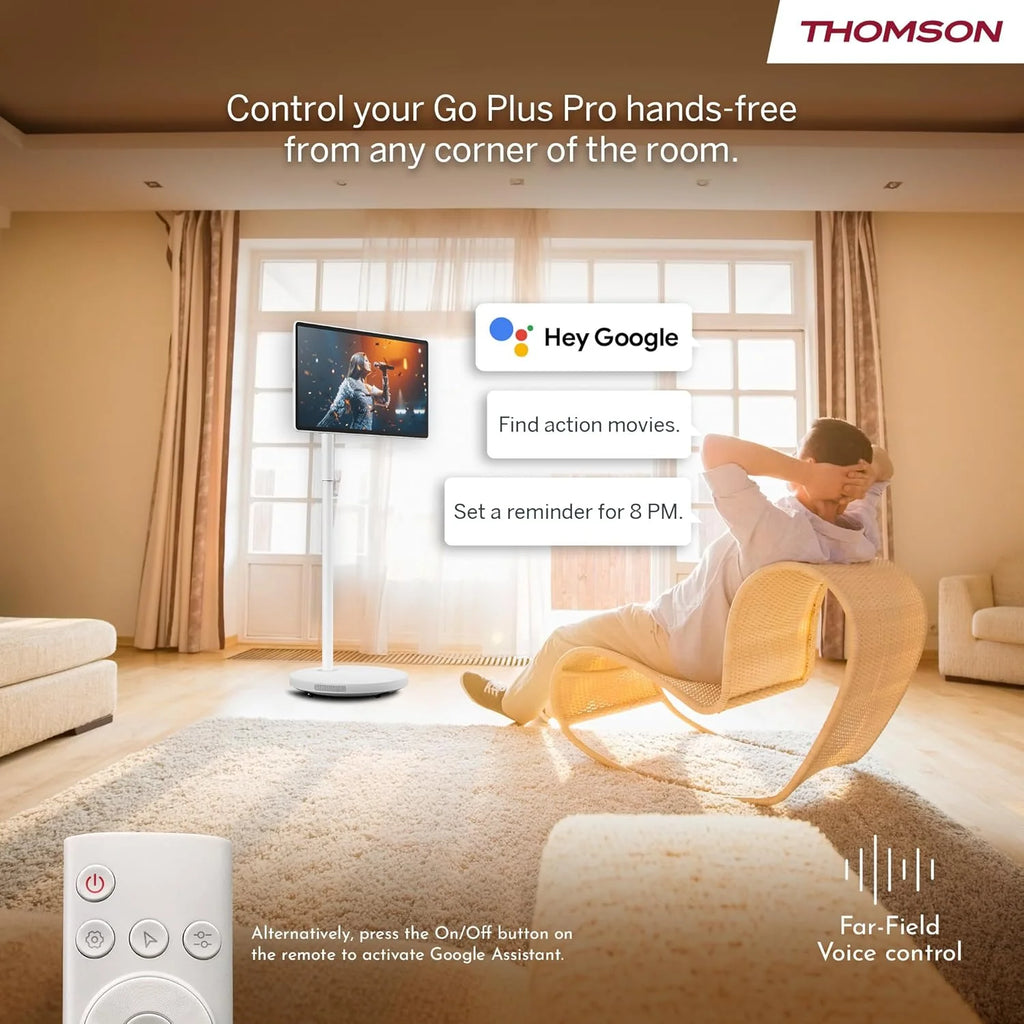 Thomson Go Plus Pro 27-calowy (69 cm) 4K UHD Inteligentny Ekran Dotykowy, Android, Sterowanie Głosowe, Hotspot, Bateria 9000 mAh, Kamera 5MP, Subwoofer, WiFi 6, Bluetooth, Przenośny Stojak