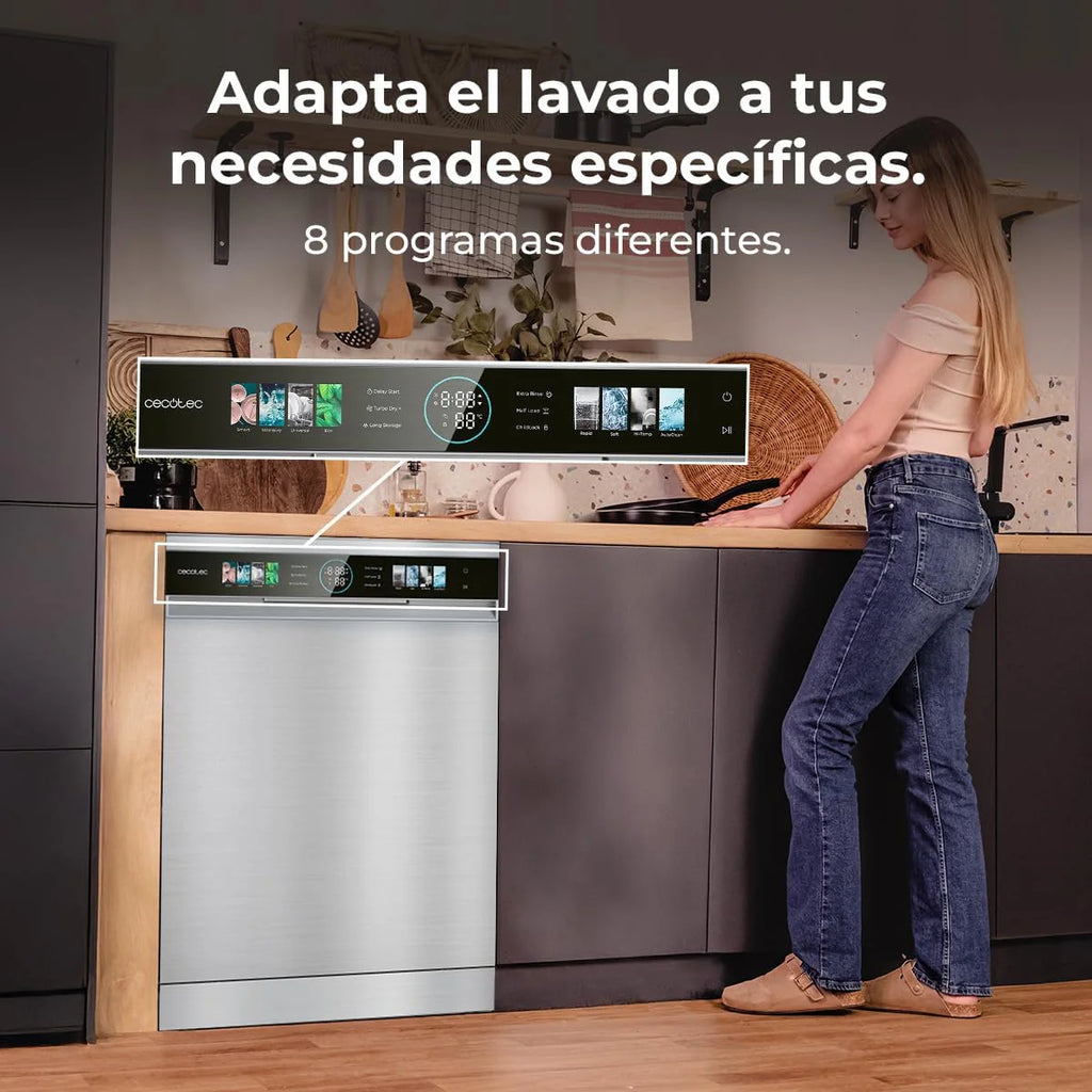 Cecotec Bolero Aguazero 60 cm kompaktowa zmywarka 6320 D, 1900 W, 15 sztućców, 8 programów, wyświetlacz FullColor XXL, Smart Wash, UV Light, Turbo Dry+, AutoClean, Średnie ładowanie, Delay Start