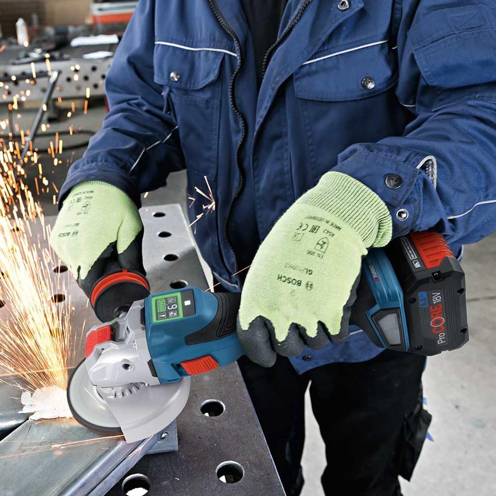 Bosch Professional system 18V: akumulatorowa szlifierka kątowa BITURBO GWX 18V-15 SC (1 moduł Bluetooth, rękojeść dodatkowa, osłona, walizka L-BOXX)