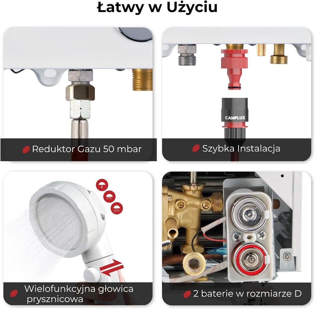 CAMPLUX 10 litrów gazowy podgrzewacz wody z pompą wodną BW264BCP120-DE, bezzbiornikowy zewnętrzny prysznic gazowy do mycia koni/kemping/podróży RV, 50mbar, LPG