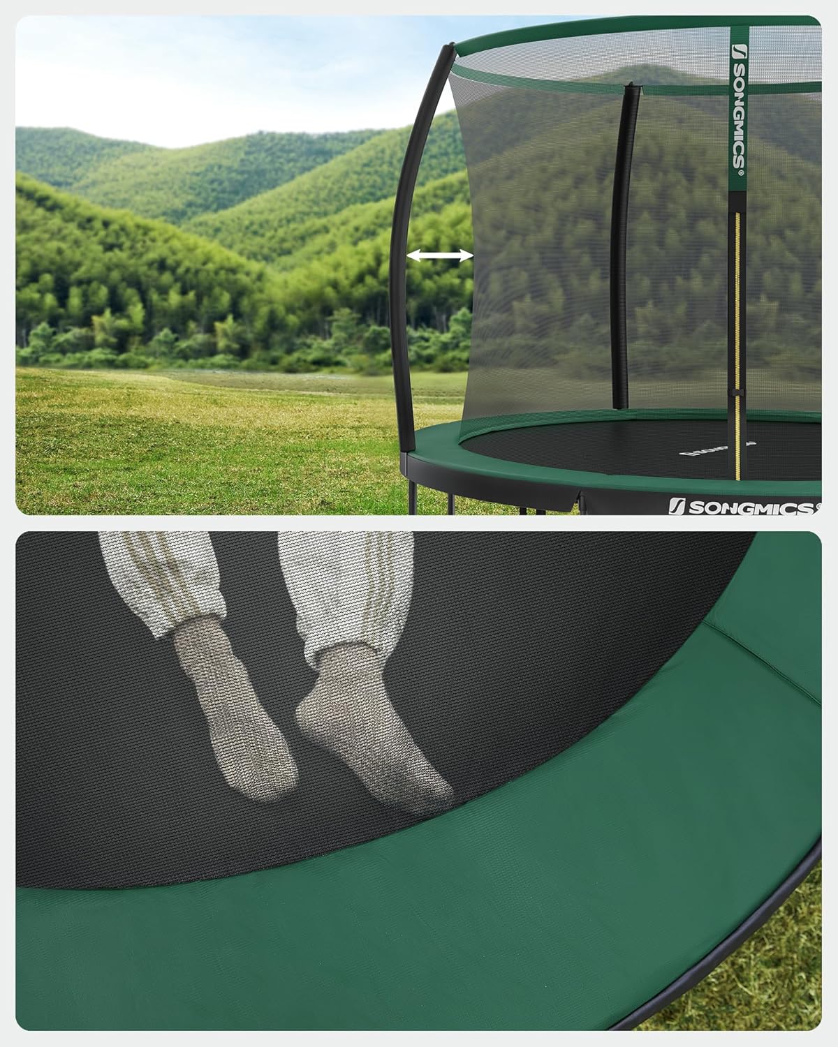 SONGMICS Okrągła trampolina ogrodowa z siatką bezpieczeństwa, drabiną i wyściełanymi drążkami, osłona bezpieczeństwa, czarna, ciemnozielona STR122C01 Ø 366 cm