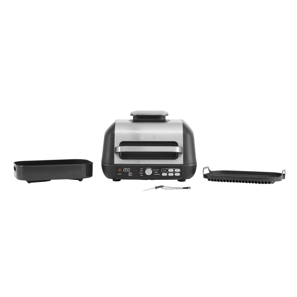 Ninja Foodi MAX PRO Grill, płaska płyta i frytkownica beztluszczowa z cyfrową sondą kuchenną i termometrem, 3,8 l, 7 funkcji gotowania w 1, części można myć w zmywarce, srebrno/czarny, AG651EU