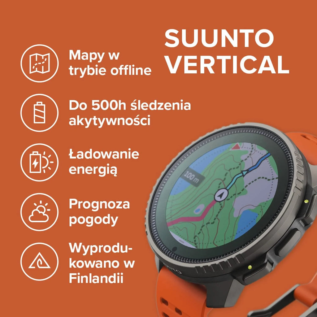 SUUNTO Vertical – Przygodowy zegarek GPS, monitor aktywności, dwupasmowy GNSS i mapy offline, obsługa ponad 95 dyscyplin sportowych, wskaźniki treningowe i analiza regeneracji.