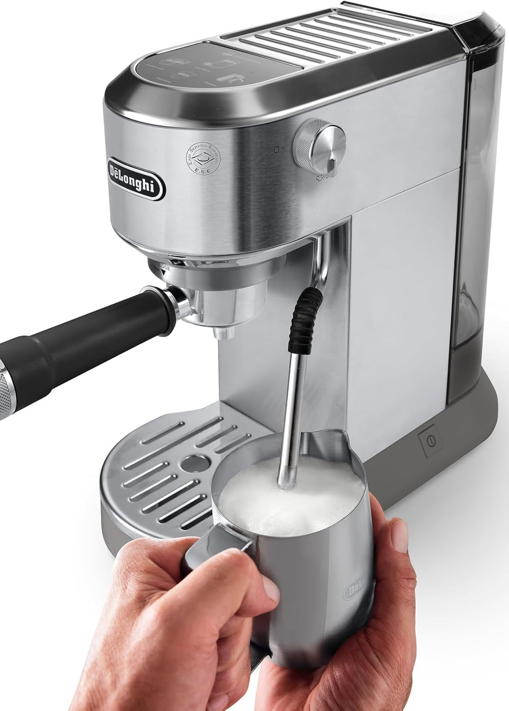 De'Longhi Dedica – Ekspres do kawy ze stali nierdzewnej z pompką do kawy mielonej lub na kapsułki, espresso i cappuccino, zbiornik 1,3 litra, system zapobiegający kapaniu, model EC685.M, kolor metaliczny