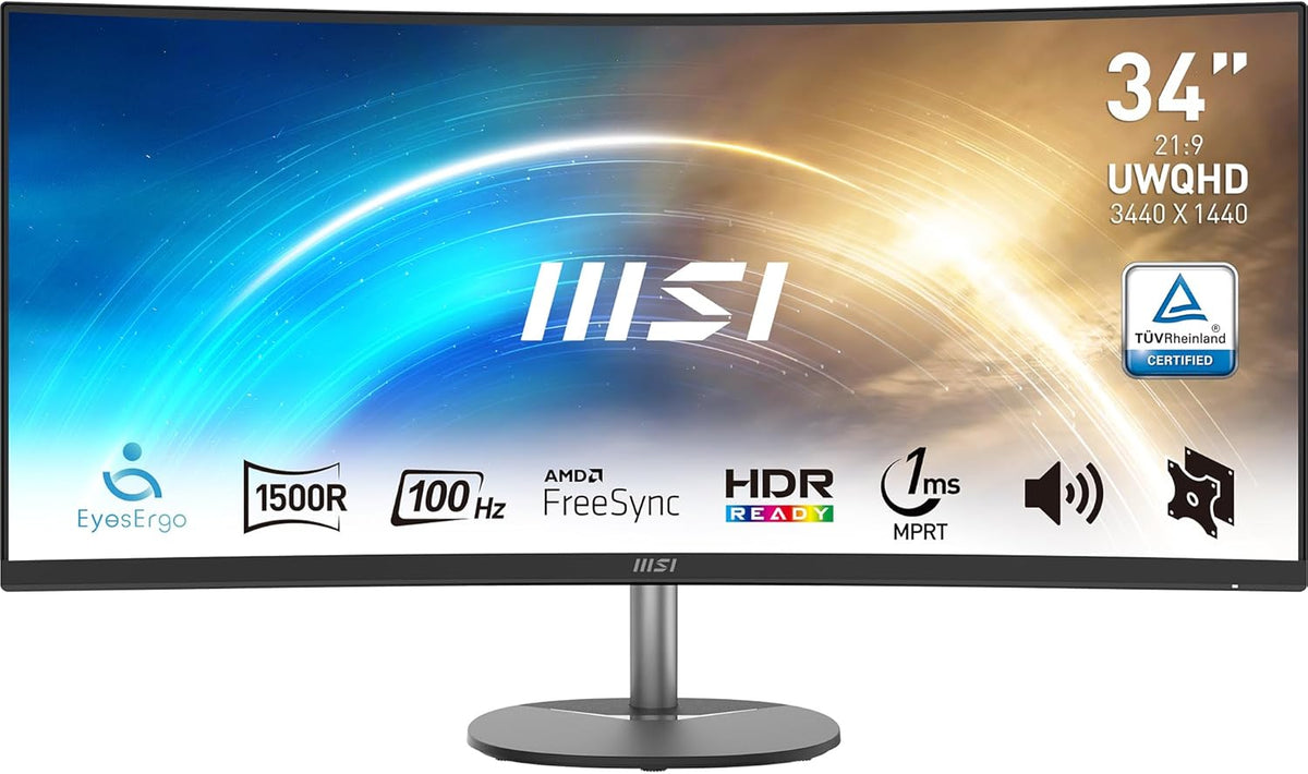 MSI Pro MP341CQ 34 UWQHD zakrzywiony ekran biurowy - Panel VA 1500R, 3440x1440, 100Hz, komfort oczu, sRGB 116%, HDR Ready, wbudowane głośniki, regulowane nachylenie - HDMI, DisplayPort