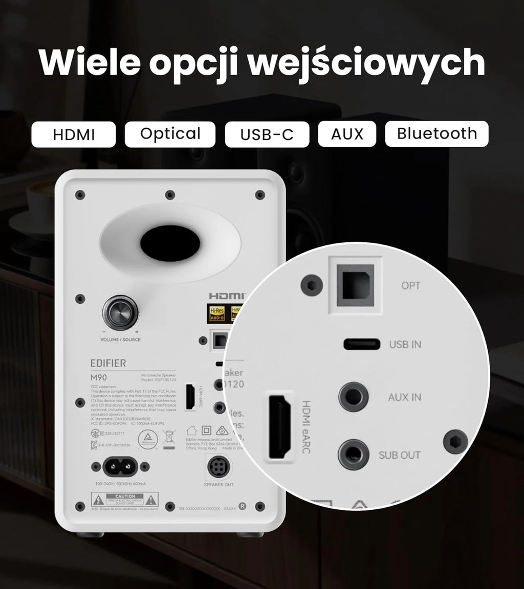 Edifier M90 Głośniki półkowe, 100W RMS Lauta Stacjonarne, Hi-Res Audio, LDAC, Bluetooth 6.0 Lauta Kompaktowe, HDMI eARC/USB-C/AUX Wejście, SUB OUT Lauta Zasilane, Stereokontrolka do TV/PC - biały