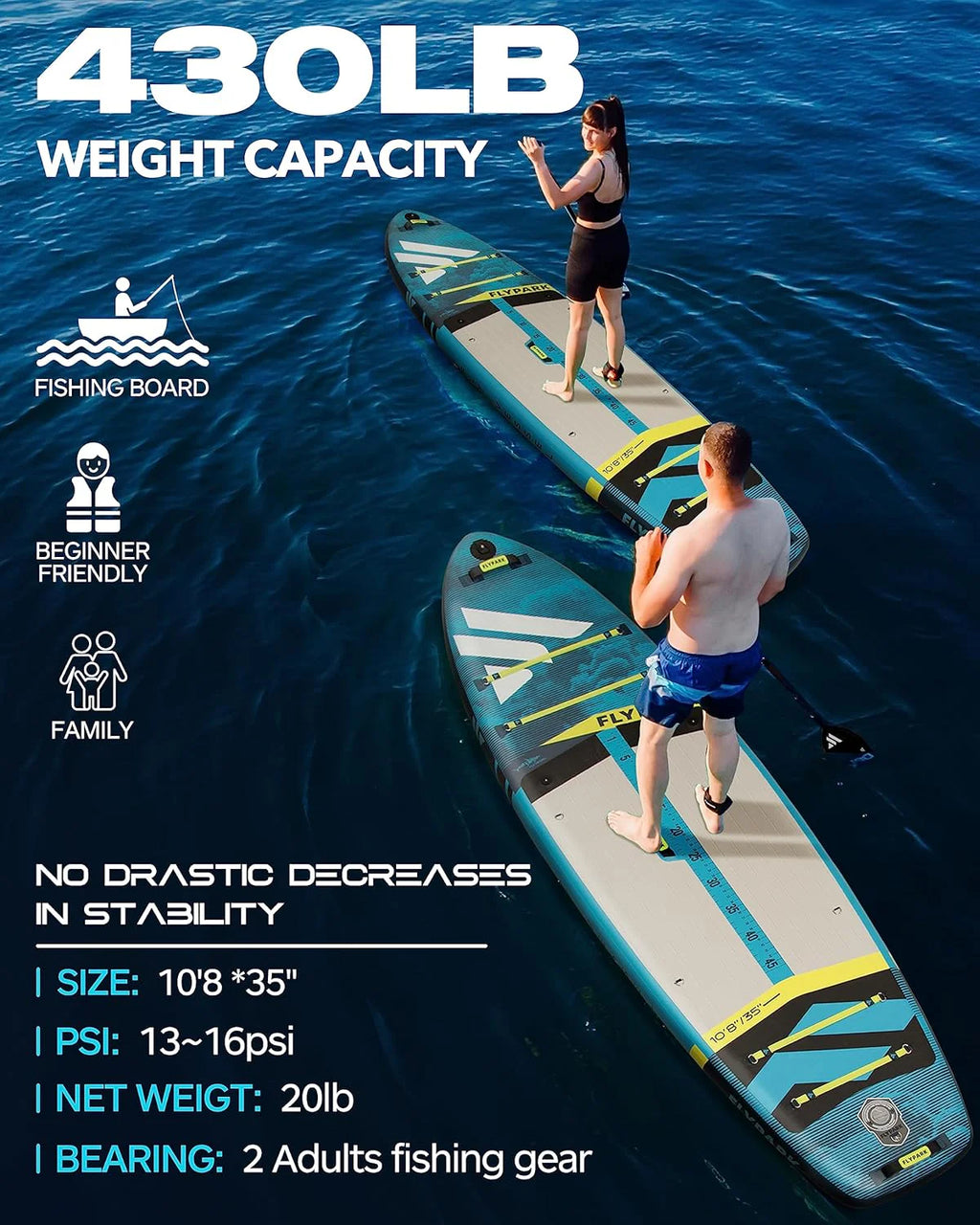 Flypark 10'8/11'x35'' wędkarstwo i rodzinne stabilne nadmuchiwane deski wiosłowe, bardzo szerokie nadmuchiwane deski SUP, łożysko 195 kg, deska do wiosłowania stojącego, uchwyt na aparat, pasek na