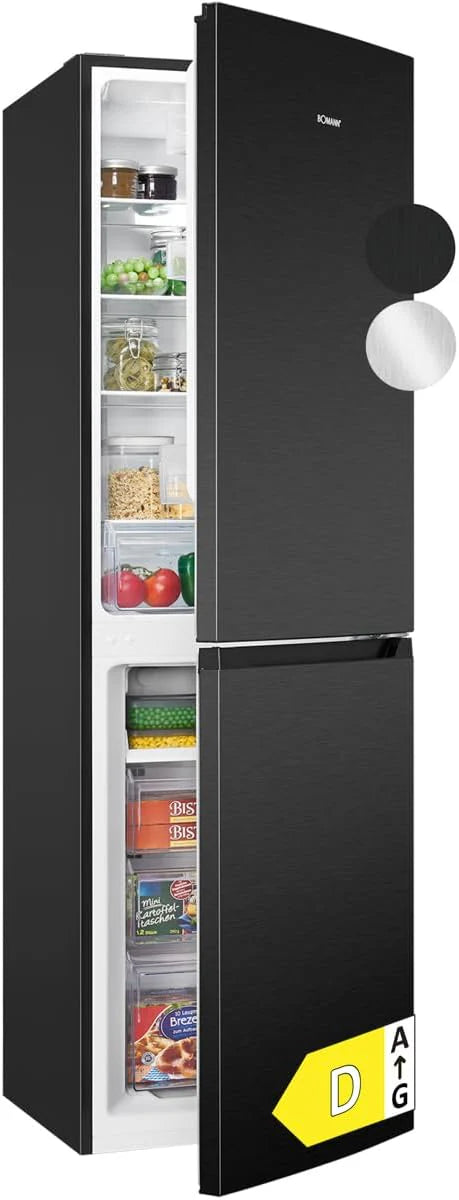 Lodówka i zamrażarka Bomann 247L KG7360-Czarna, System MultiAirflow, Całkowicie bezszronowa, 4 szklane półki, Oświetlenie LED, Klasa energetyczna A+, Czarna