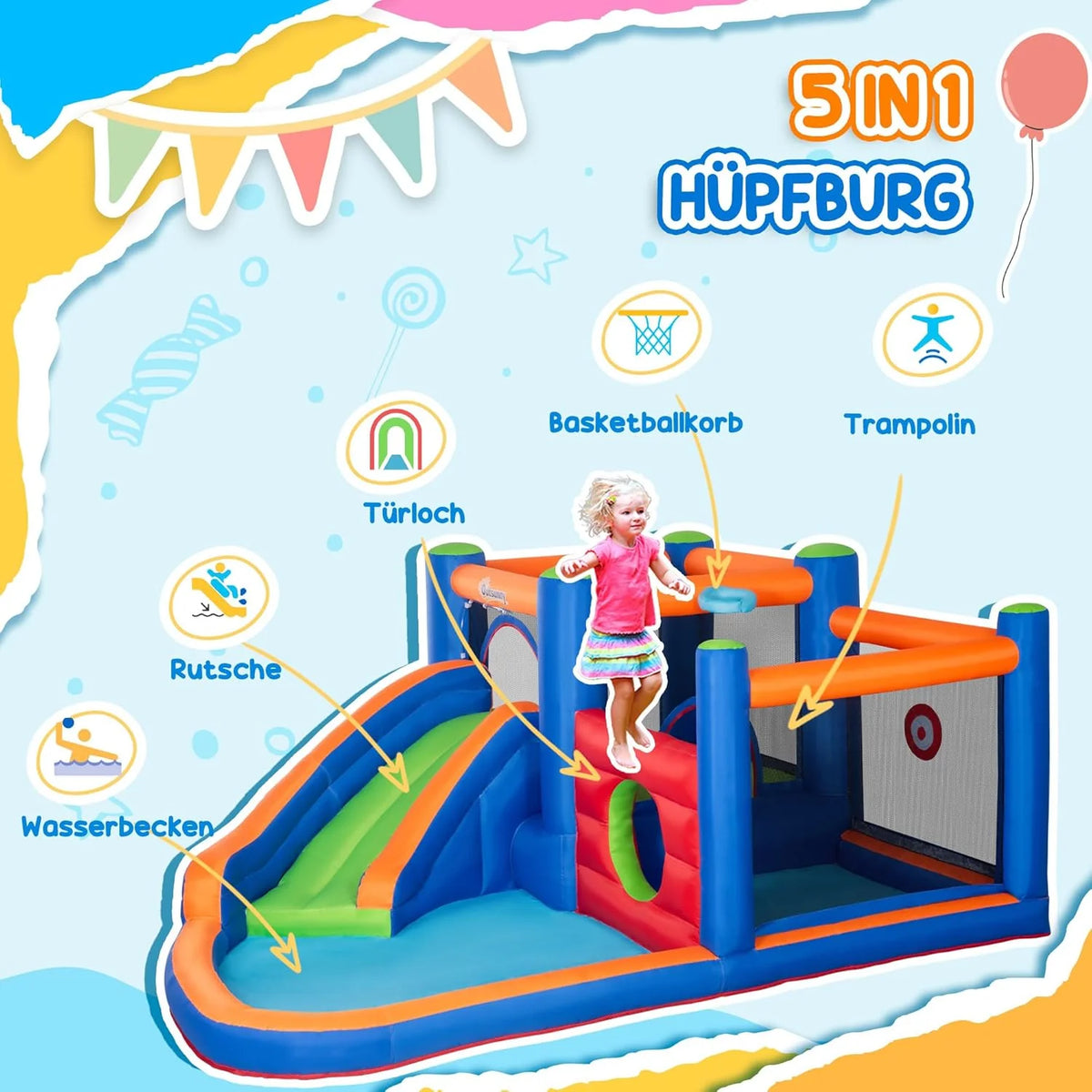 Outsunny nadmuchiwany dmuchany zamek park wodny z dmuchawą dmuchany zamek ze zjeżdżalnią do koszykówki nadmuchiwane centrum zabaw dla dzieci w wieku 3 lat i więcej basen trampolina 380 x 340 x 170 cm