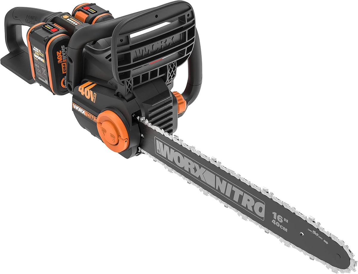 WORX WG385E Nitro Akumulatorowa Pilarka Łańcuchowa 40V(2 x 20V), Silnik Bezszczotkowy, Automatyczne Napinanie i Smarowanie Łańcucha, Długość Cięcia 40 cm, Prędkość Cięcia 18m/s