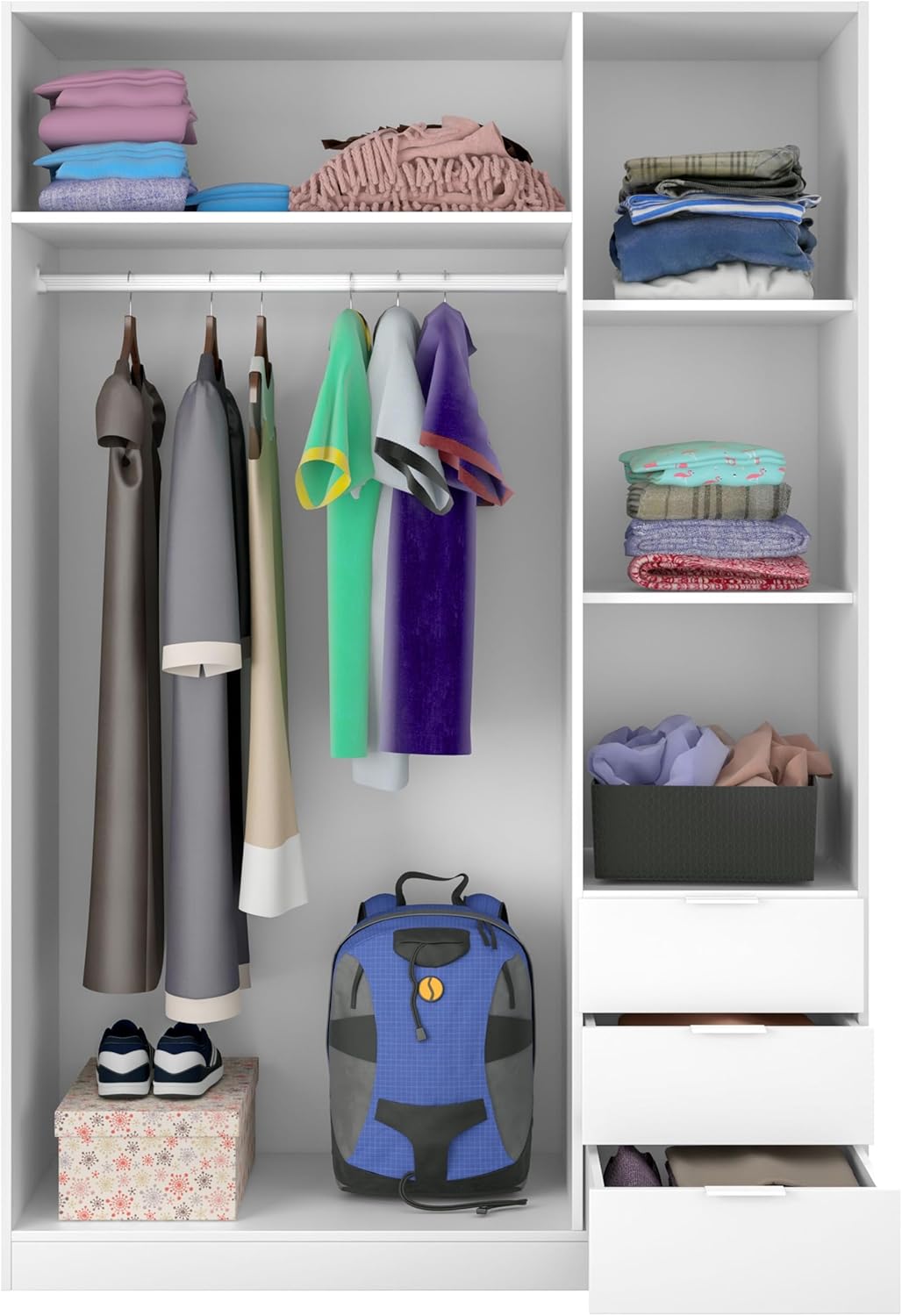 Szafa ubraniowa Habitdesign z trzema drzwiami i trzema szufladami, wykończenie w kolorze Artic White, wymiary: 121 cm (szer.) x 180 cm (wys.) x 52 cm (gł.)