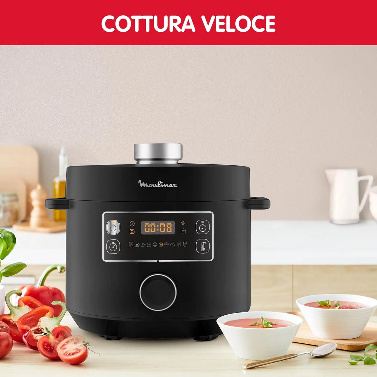 Moulinex Turbo Cuisine & Fry CE7788-2 w 1: elektryczny szybkowar i frytkownica powietrzna do 1450 W, nieprzywierająca miska sferyczna, 15 programów automatycznych, timer, akcesoria, czarny