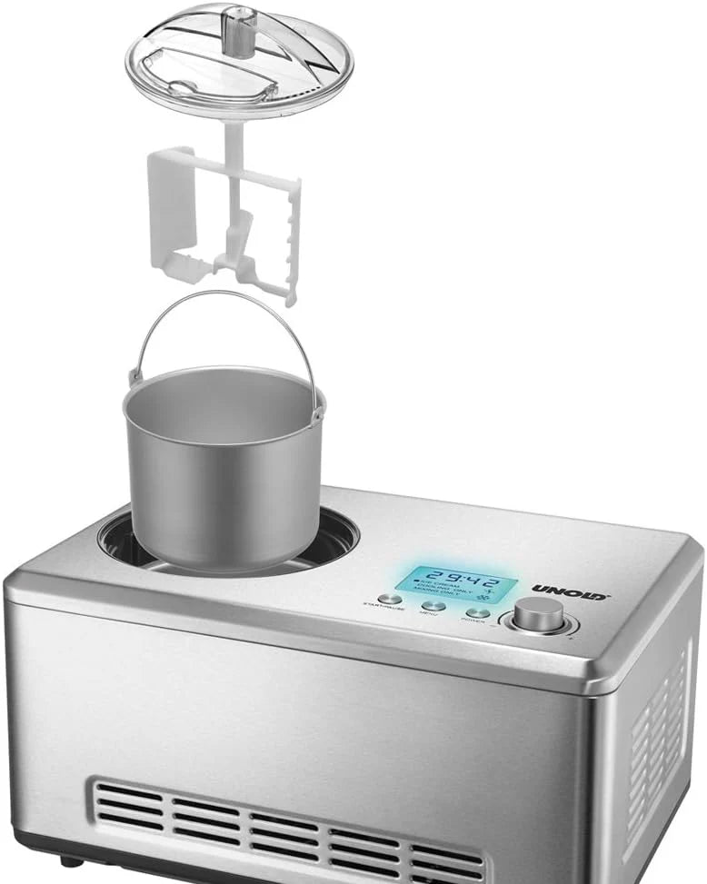 Unold 48880 Maszyna do lodów Profi Plus, 2,5 l, stal nierdzewna, w pełni automatyczna, sprężarka samochłodząca, wyświetlacz LCD, timer, również do lodów wegańskich, bezlaktozowych i zawierających stewię